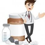 cartoon pharmacist with medicine pills and bottle